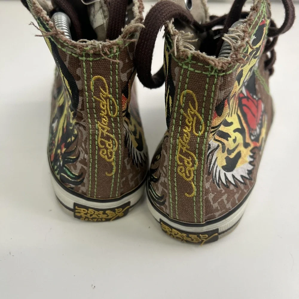 Ed Hardy Shoes Womens Size 7 Brown Tiger Canvas High Top Sneakers 18FHR107W